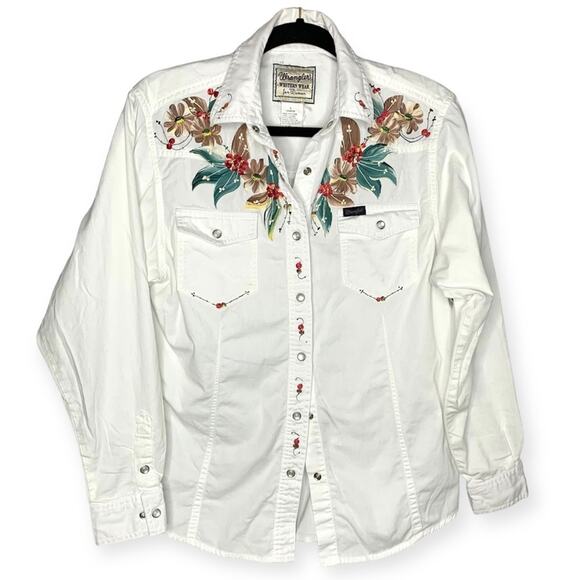 Wrangler Tops - Vintage Wrangler 100% cotton white long sleeve shirt painted flowers sz L